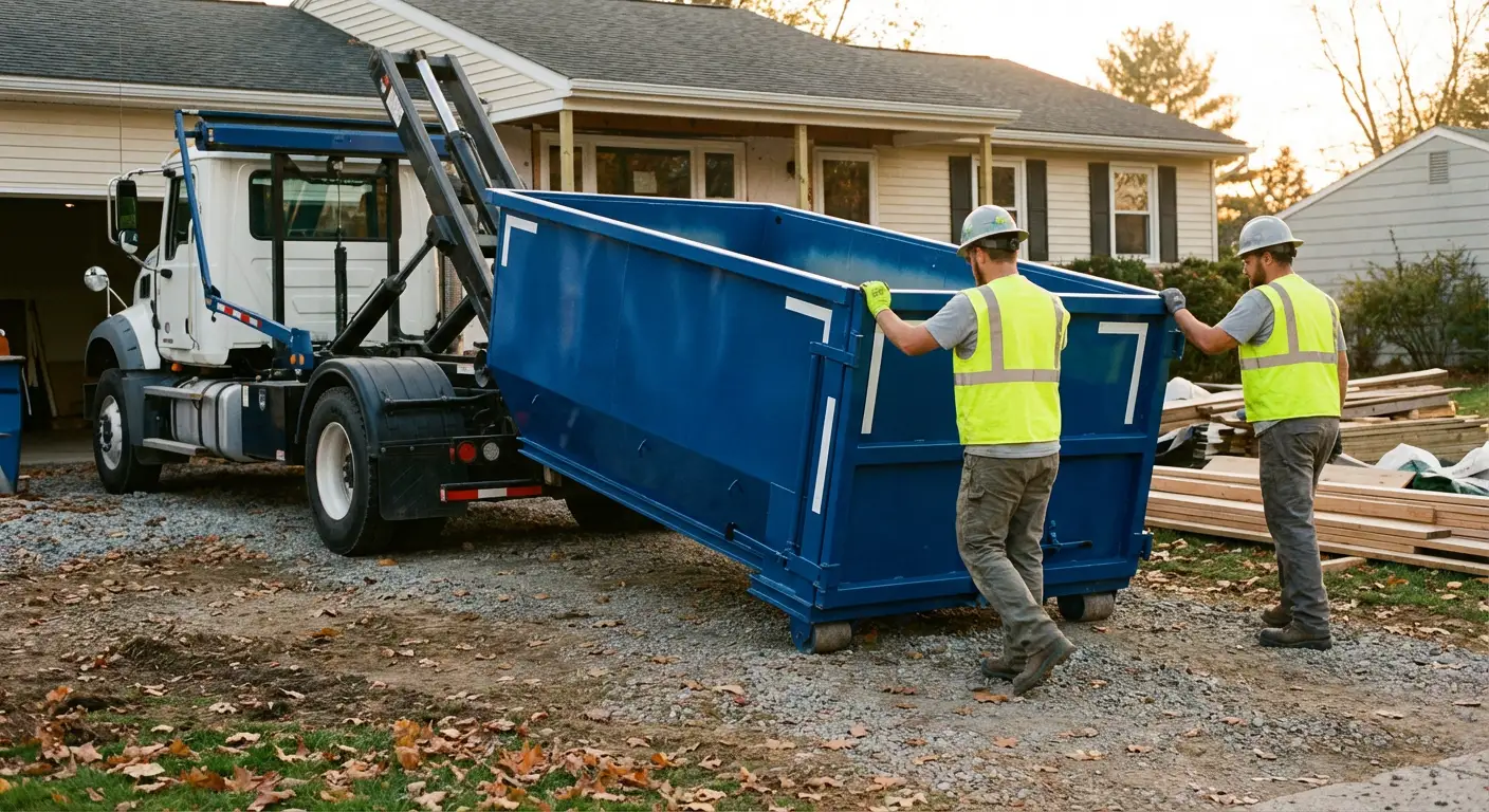 Construction dumpster delivery truck in action in Lumberton, TX