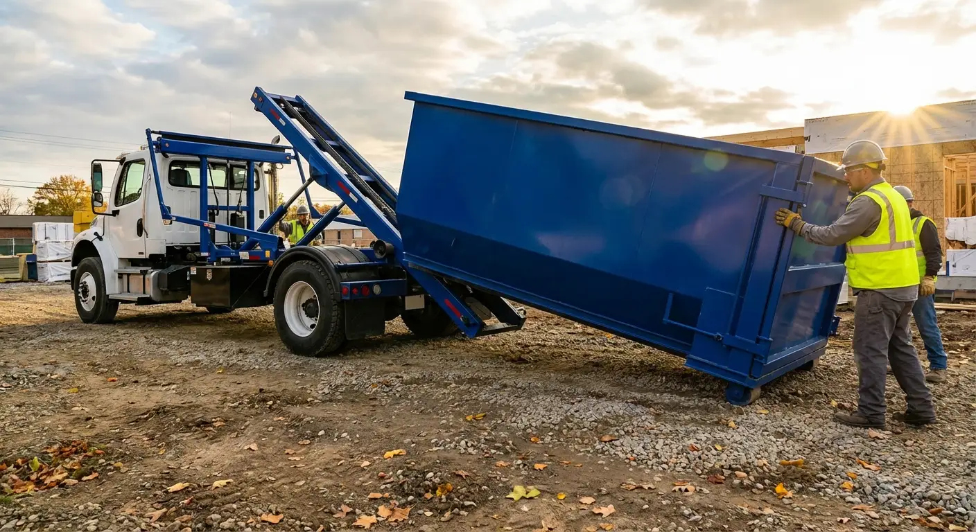 Construction dumpster delivery truck at job site in Lumberton, TX