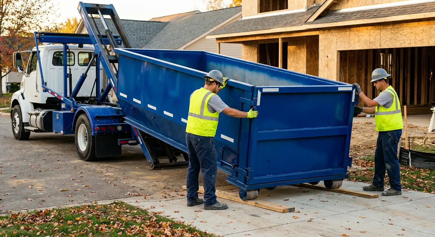 Roll-off dumpster delivery truck in residential area in Lumberton, TX