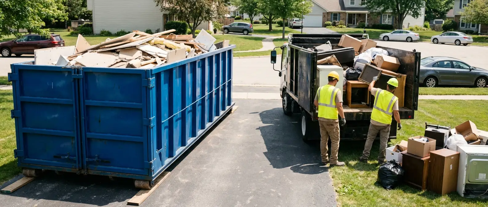 Dumpster rental versus junk removal service comparison showing capacity differences in Lumberton, TX
