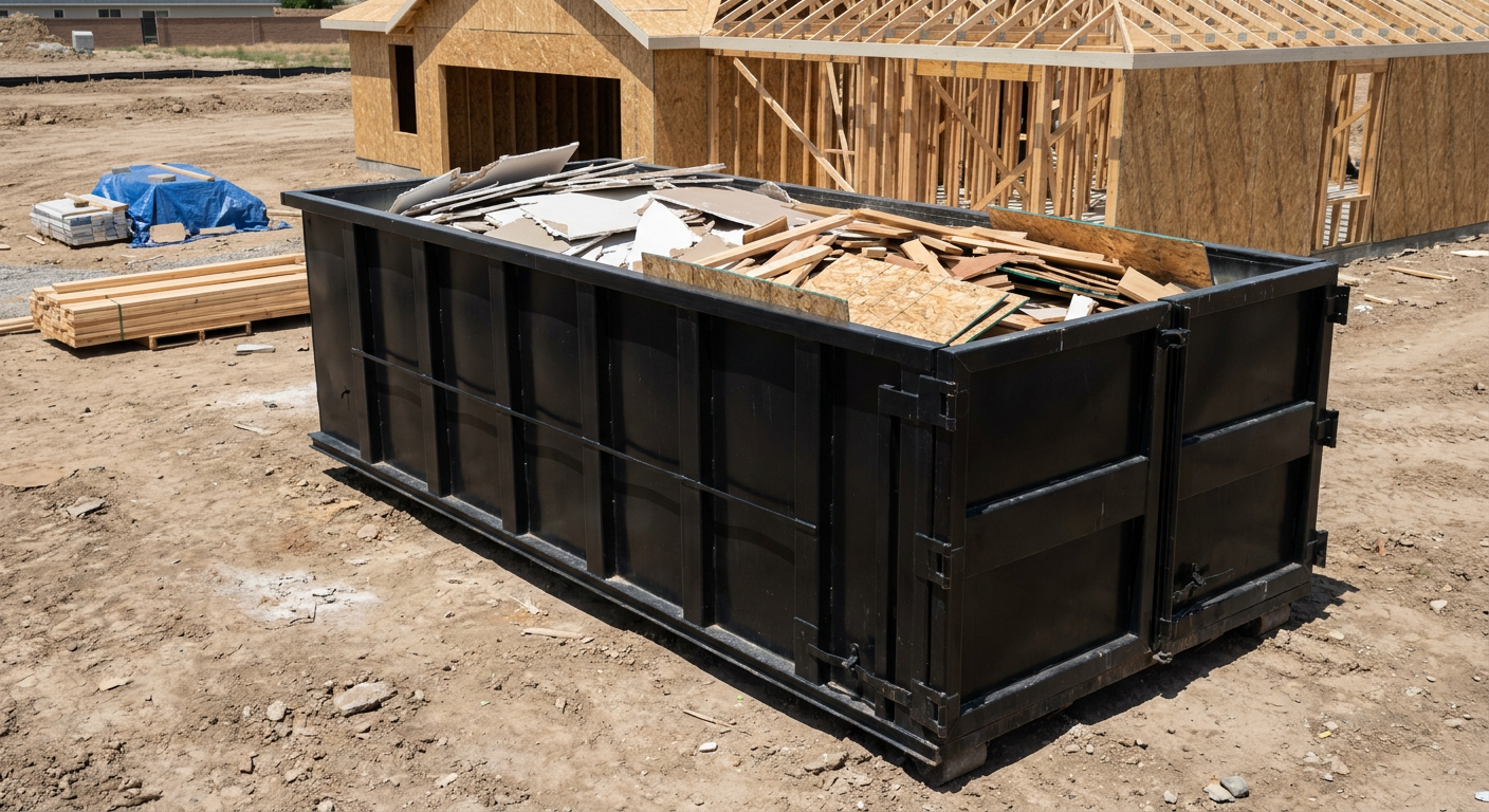 Matte-black 30-yard roll-off construction dumpster sitting directly on the compacted-dirt site of a framed single-family home build in Lumberton, drywall and lumber scrap loaded inside.