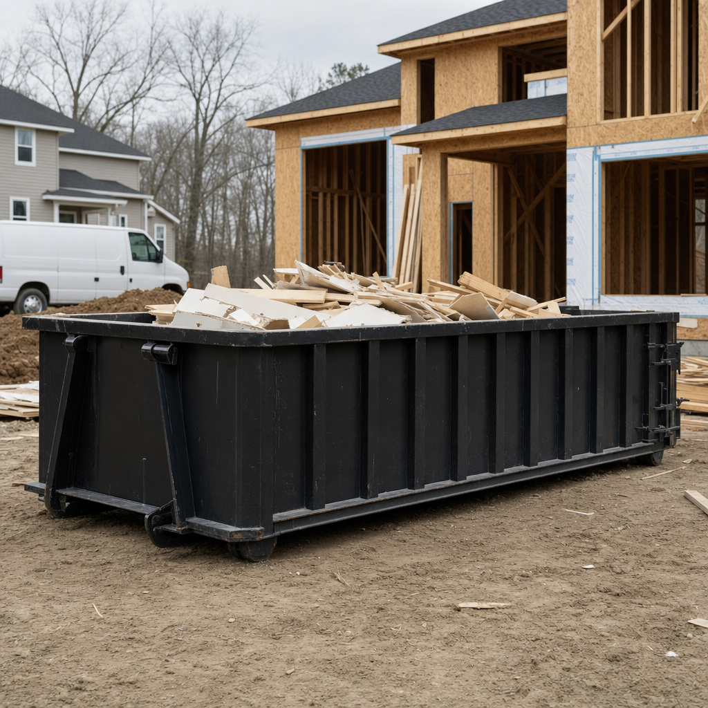 Worker in a yellow high-visibility vest tossing framing lumber and broken drywall into a matte-black 30-yard construction roll-off dumpster on an active build site in Lumberton, bright daylight