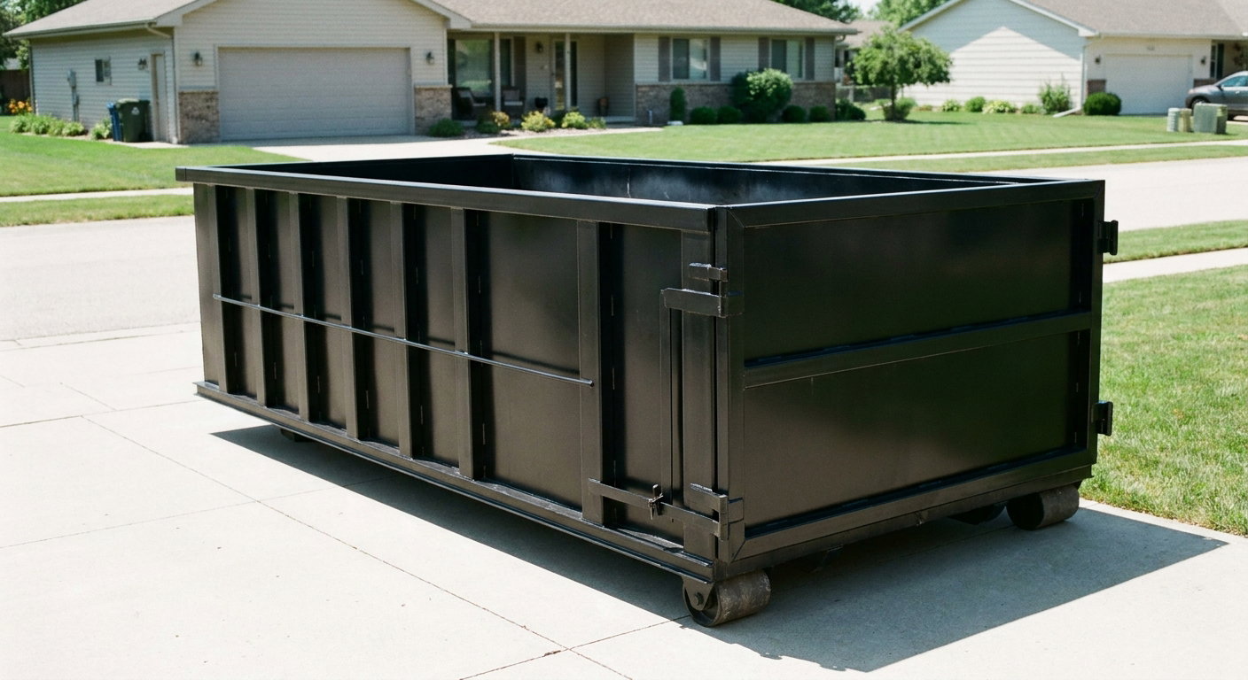Matte-black 10-yard roll-off dumpster on a residential concrete driveway in Lumberton, uniformly painted matte black across every panel and rail, ribbed steel sidewalls and rear swing door visible, mid-day daylight.
