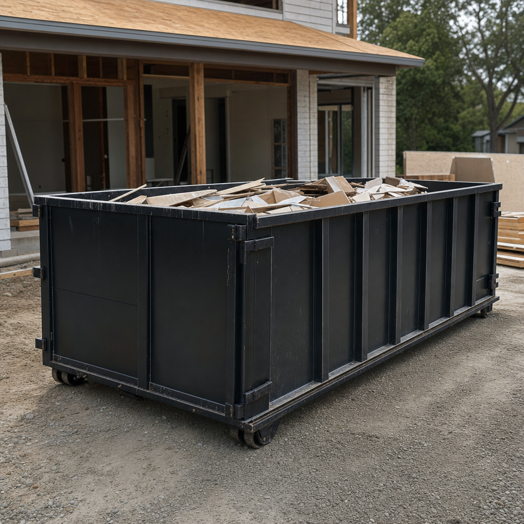 Large matte-black 30-yard construction roll-off dumpster at an active Lumberton jobsite, steel-gray top rails and bottom rollers visible, loaded with construction debris.