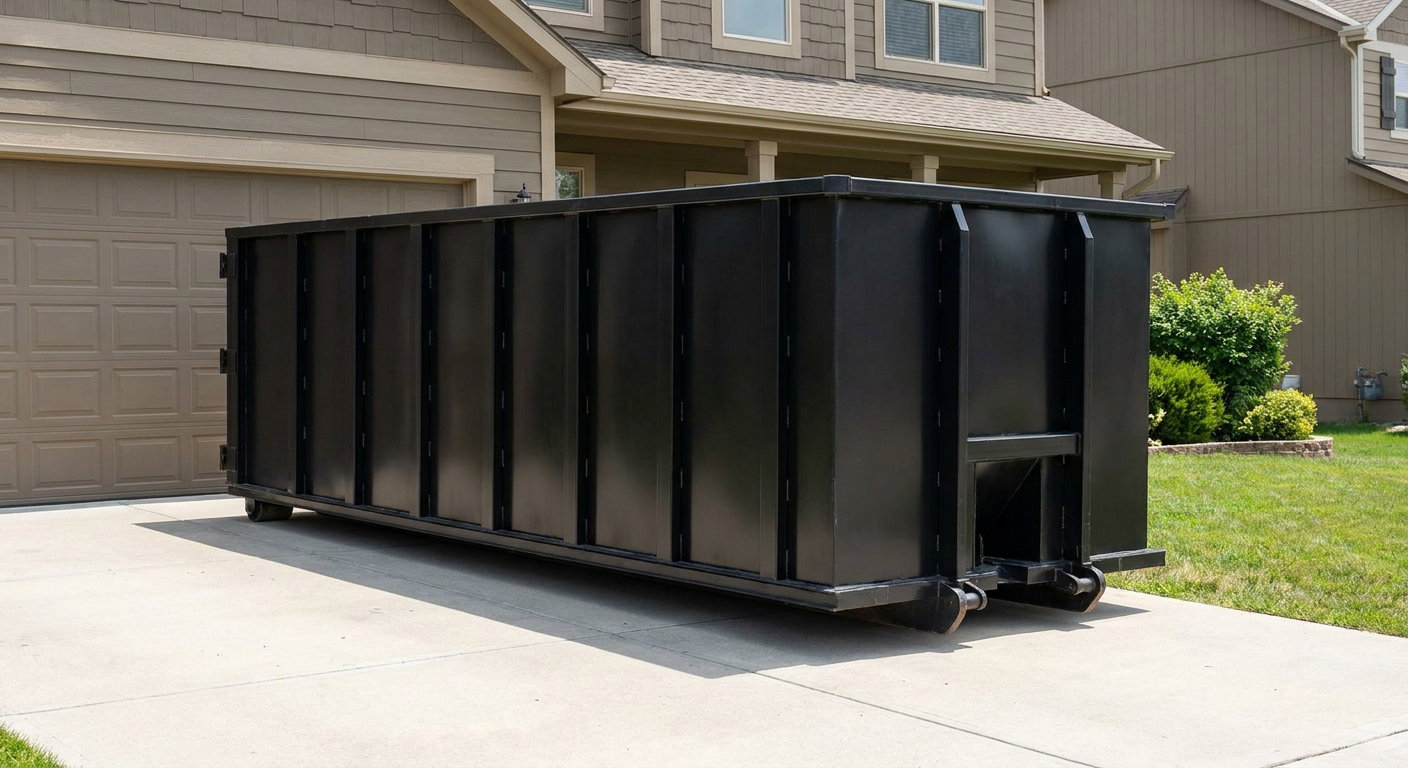 Matte-black residential roll-off dumpster sitting directly on a suburban Lumberton concrete driveway, garage door closed, single-family home in background, bright morning daylight.