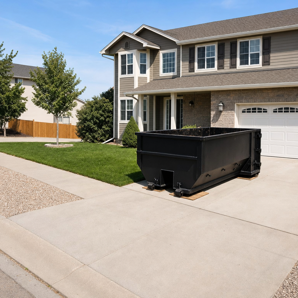 10-yard matte-black residential dumpster placed directly on a narrow Lumberton concrete driveway, room remains for a parked sedan beside it, mid-morning natural light