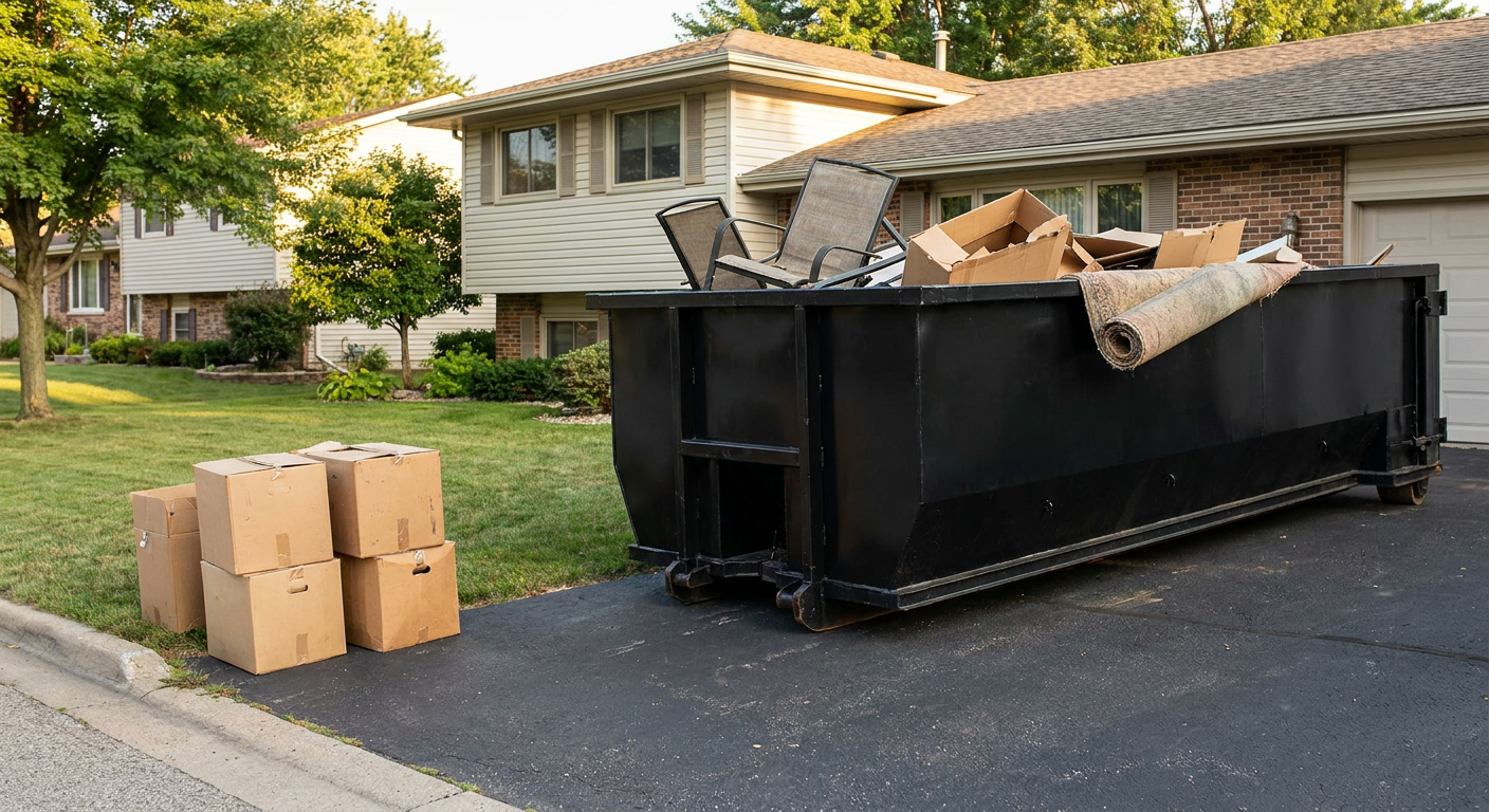 Front-yard view of a Lumberton split-level home with a 20-yard matte-black roll-off dumpster sitting directly on the asphalt driveway, a few clearly labeled donation boxes staged at the curb, calm sunny afternoon.