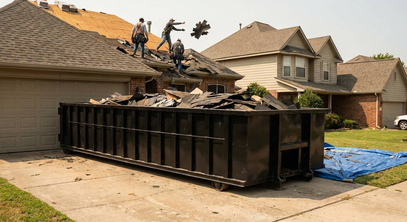Matte-black roofing roll-off dumpster placed directly on a Lumberton residential concrete driveway, a tear-off crew on a two-story asphalt-shingle roof tossing shingle bundles into the low-walled container, bright daylight, documentary 35mm perspective.