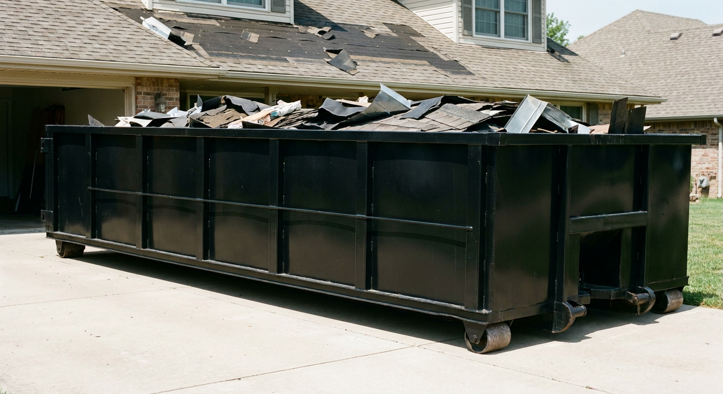 Matte-black 20-yard roofing roll-off dumpster with steel ribbed sides and swinging rear door, sitting directly on the concrete driveway of a two-story Lumberton home, asphalt shingle debris being loaded over the low wall, clean documentary lighting.