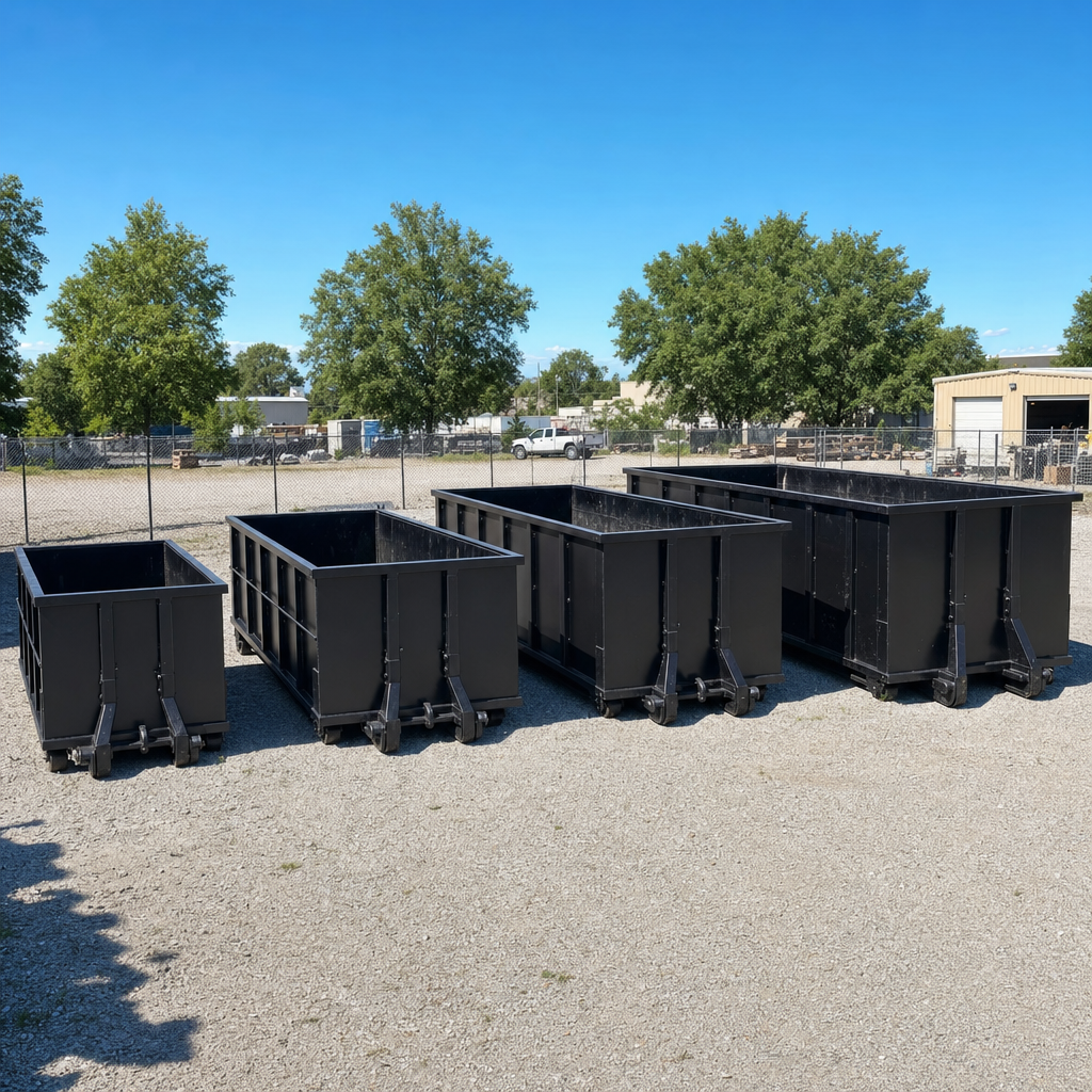 A clean lineup of matte-black roll-off dumpsters in 10, 20, 30, and 40-yard sizes staged on a sunlit gravel yard in Lumberton, showing the size progression from compact to commercial-scale containers.