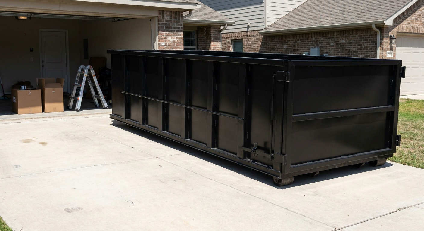 A matte-black 10-yard roll-off dumpster sitting directly on a residential Lumberton concrete driveway, mid-day sunlight, clean and ready for a garage cleanout.