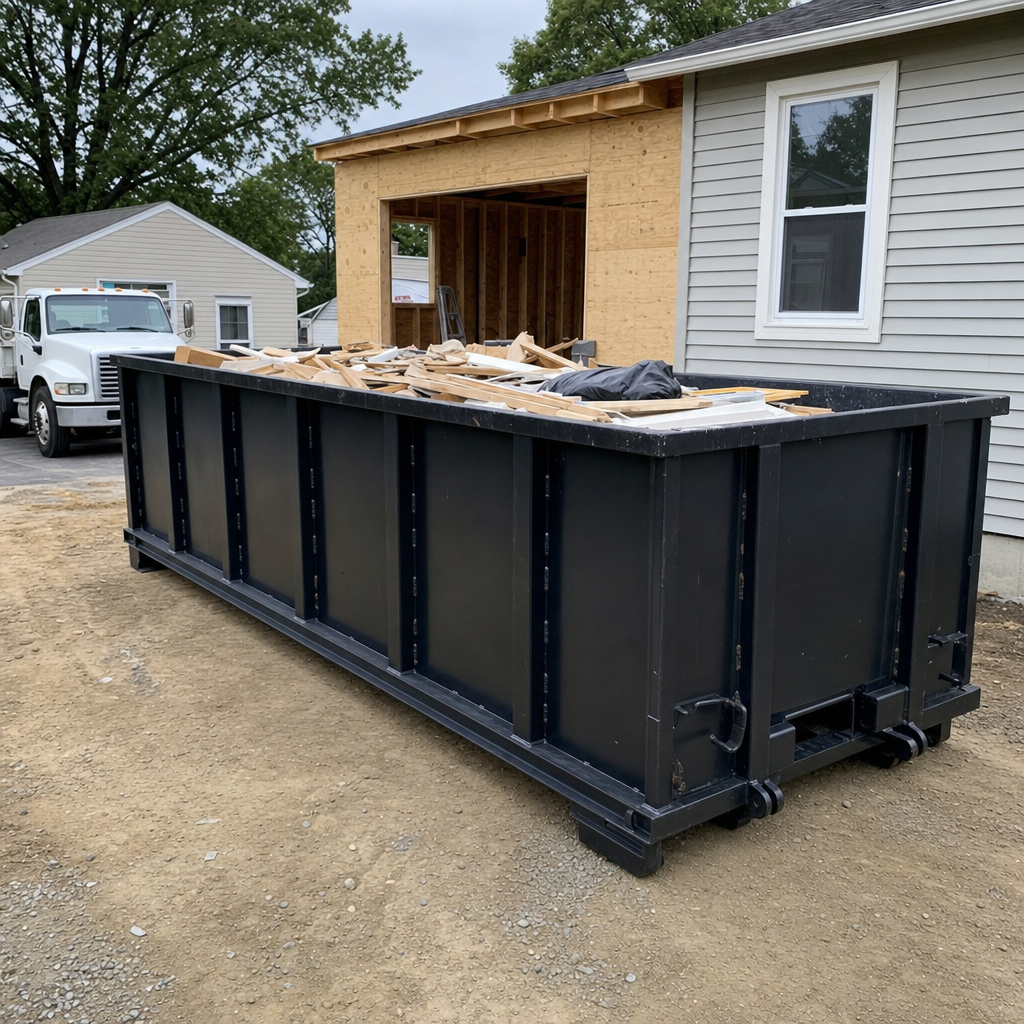 A matte-black 30-yard roll-off dumpster positioned at a Lumberton residential addition jobsite, with framing lumber and drywall scraps loaded through the open swinging rear doors.