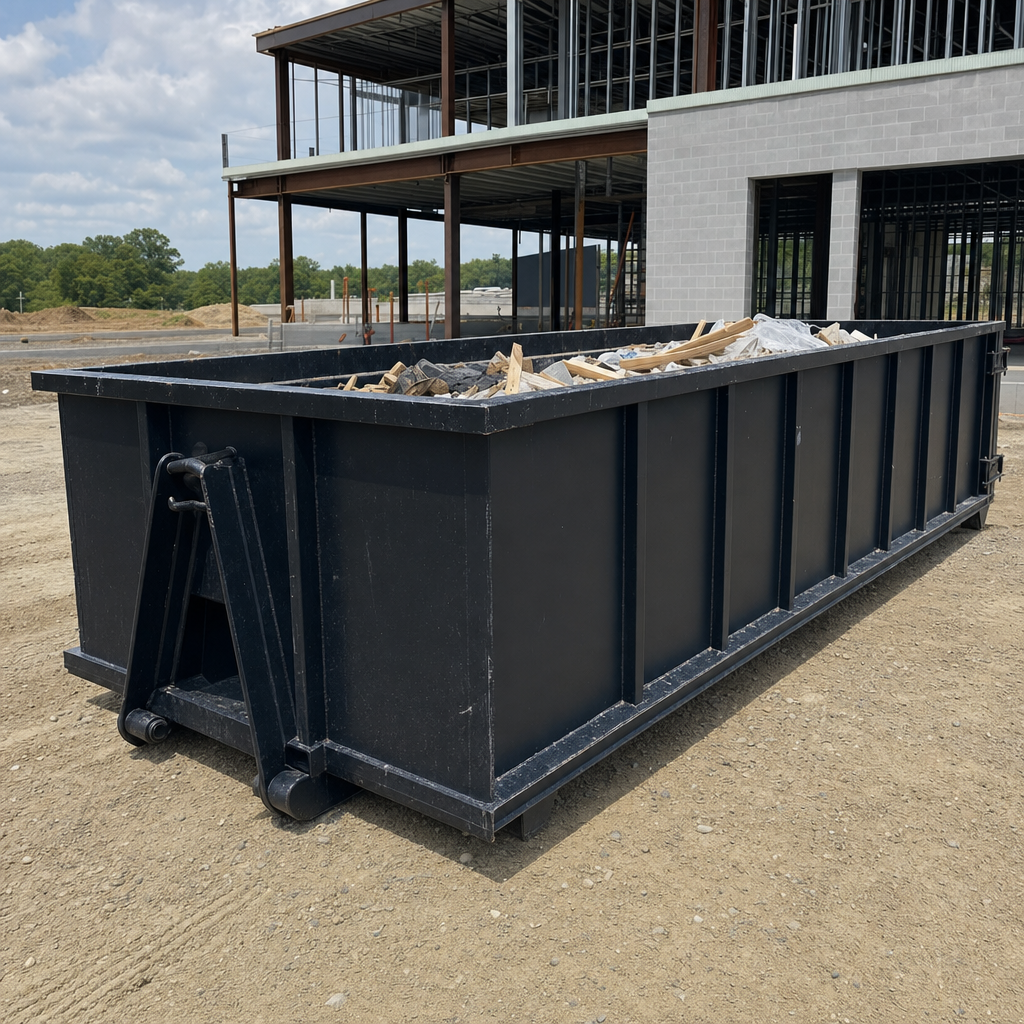 A matte-black 40-yard roll-off dumpster staged on a large Lumberton commercial construction lot, with a hooklift delivery truck parked alongside under bright midday sky.