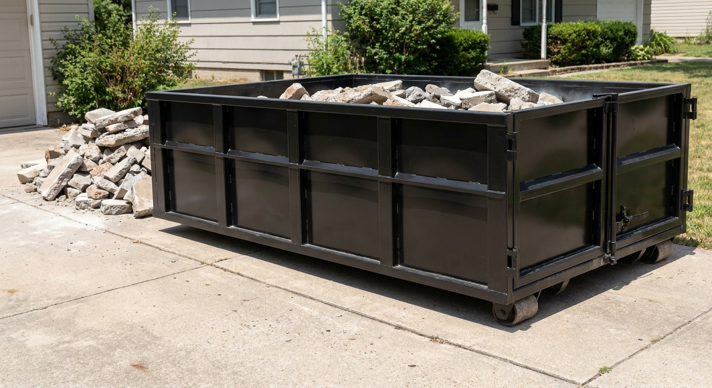 A matte-black low-side heavy-debris roll-off dumpster placed directly on a Lumberton concrete driveway, with broken concrete chunks neatly stacked beside it under clean daylight.